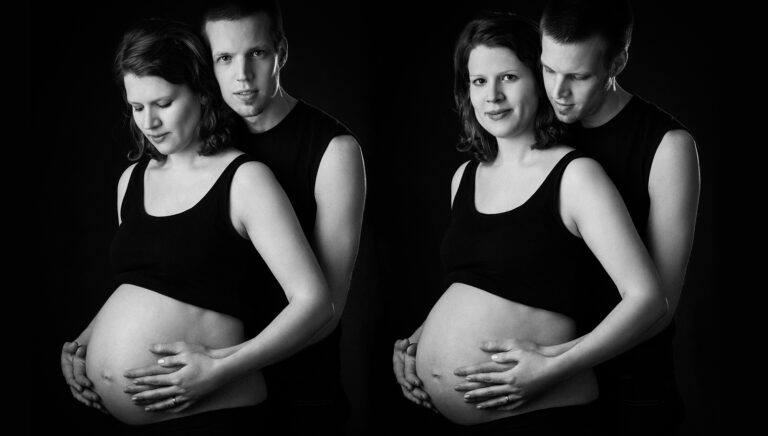 Schwangerschaftsportrait mit Ehemann, schwarz weiss